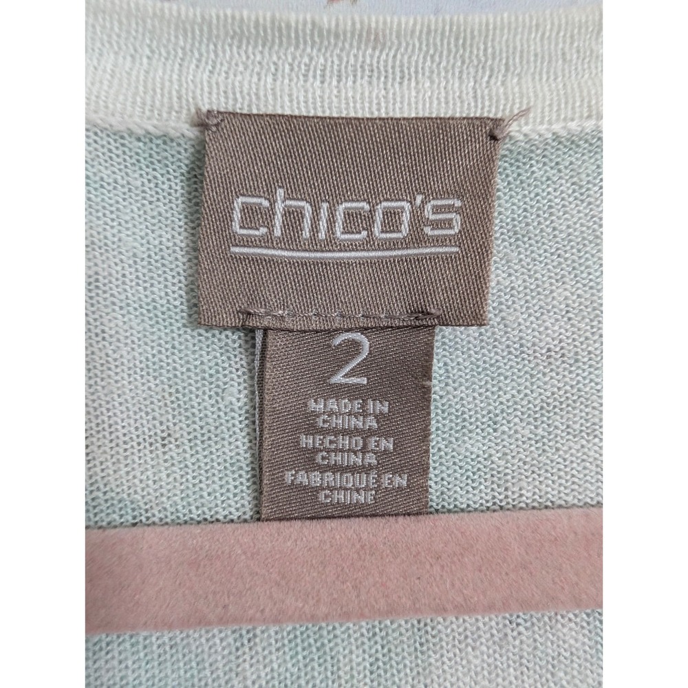 Chico's Cardigan Women 2 White Mint Green Floral Open Front Pointelle Knit - Picture 2 of 4